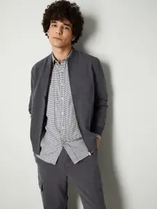 max Men Stand Collar Solid Cotton Casual Bomber Jacket