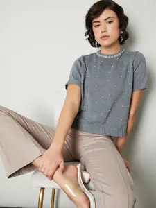 max Women Cable Knit Pullover with Embellished Detail