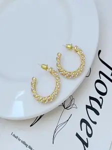 DIVASTRI Stainless Steel Gold-Plated Pearls Beaded Contemporary Shaped Half Hoop Earrings