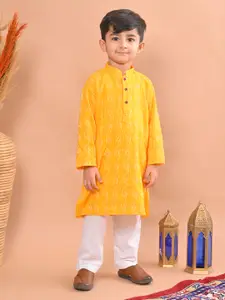 Sangria Yellow Boys Geometric Woven Design Pure Cotton Straight Kurta With Pyjama