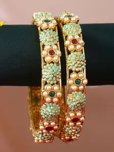 Anouk Set Of 2 Gold-Plated Stone-Studded & Beaded Flower Bangles