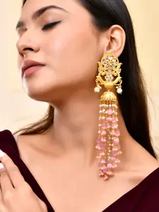 Silvermerc Designs Gold-Plated Kundan Studded & Peals Contemporary Drop Earrings