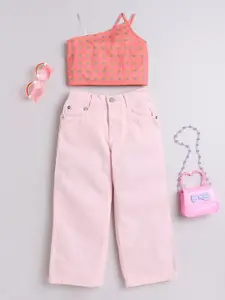 taffykids Girls Printed One Shoulder Top With Trouser