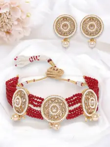 Anouk Gold-Plated And Red Kundan Studded & Pearls Beaded Choker Necklace And Earrings