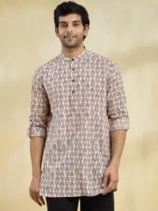 Fabindia Men Ethnic Motifs Printed Band Collar Bagh Printed Cotton Straight Kurta