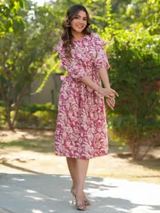 Janasya Women's Mauve Pure Cotton Floral Printed Gathered Dress