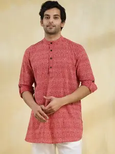 Fabindia Geometric Printed Band Collar Roll-Up Sleeves Cotton Straight Kurta