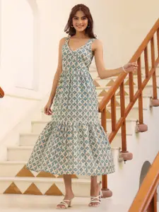 Janasya Women's Beige Pure Cotton Ethnic Motifs Printed Tiered Dress