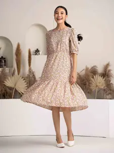 DressBerry Floral Print Bell Sleeve Crepe Fit & Flare Dress