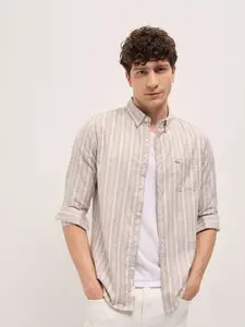 THE BEAR HOUSE Men Button-Down Collar Vertical Striped Cotton Casual Shirt