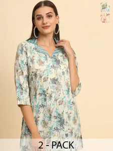 Anouk Rustic Women Pack Of 2 Floral Printed Shirt Collar Short Kurti
