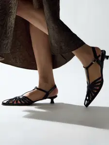 CAI PU Party Kitten Mules with Tassels Webbed Black Slingback Heels