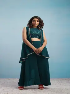 SANCIA Geometric Embroidered Halter Neck Sequinned Crop Top With Palazzos & Dupatta