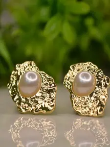 DIVASTRI Stainless Steel Pearls Beaded Gold-Plated Contemporary Shaped Studs