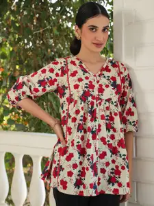 Janasya Women Cream Pure Cotton Floral Printed A-line Top