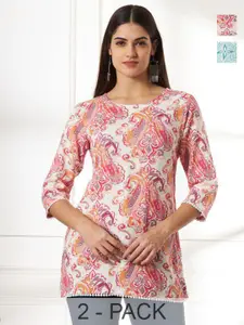Anouk Rustic Pack Of 2 Paisley Printed Gotta Patti Pure Cotton Gotta Patti Short Kurti