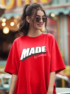 Leotude Women Typography Printed Round Neck Cotton Oversized T-shirt