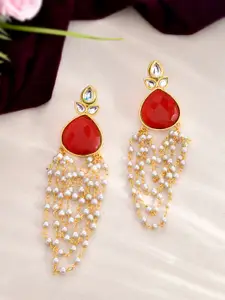 Silvermerc Designs Gold-Plated Kundan Studded & Peals Contemporary Drop Earrings