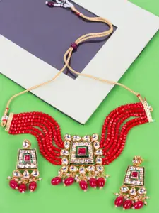 Anouk Gold-Plated And Red Stone Studded And Pearls Beaded Choker Nacklace And Earrings