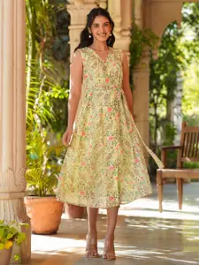 Janasya Women's Green Georgette Floral Printed A-Line Dress