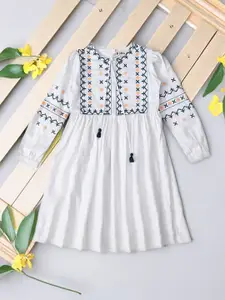 Bella Moda Girls Floral Embroidered Cuffed Sleeve Cotton Fit & Flare Dress
