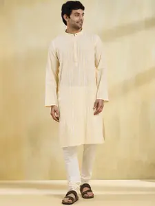 Fabindia Men Striped Band Collar Cotton Straight Kurta