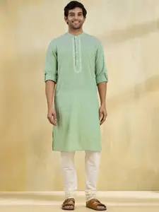 Fabindia Men Striped Chikankari Band Collar Cotton Straight Kurta
