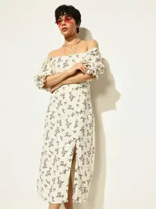 ONLY Floral Print Puff Sleeve Linen Fit & Flare Midi Dress