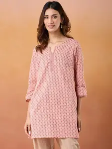 Fabindia Floral Printed Notch Neck Hand Block Cotton Straight Kurta