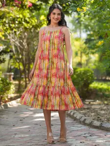 Janasya Women Multicolor Pure Cotton Floral Printed Tiered Dress