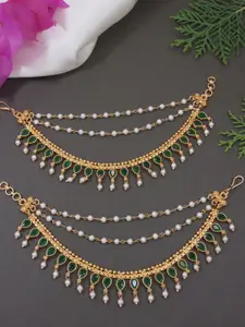 I Jewels Gold-Plated Stones Studded And Beaded Contemporary Shaped Tasselled Ear Cuff