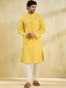 Fabindia Men Striped Band Collar Cotton Straight Kurta