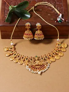 Anouk Gold-Plated And Red Stone Studded And Beaded Goddess Laxmi Necklece And Earrings
