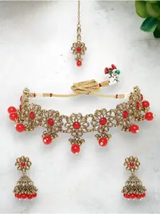 Anouk Gold-Plated And Red American Diamond Studded Necklace And Earrings With Maang Tikka
