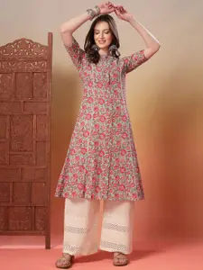 Stylum Floral Printed Mandarin Collar Pure Cotton A-Line Kurtas