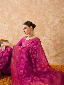 DEVATITHI Ethnic Motifs Zari Pink Banarasi Silk Saree