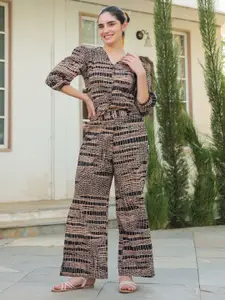 JISORA Printed V-Neck Cotton Top & Trousers Co-Ords Set