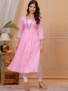 TROPWEAR Floral Yoke Design Pleated V-Neck Embroidered Cotton A-Line Naira Cut Kurta