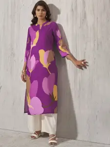 Anouk Purple Floral Printed Mandarin Collar Straight Kurta