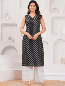 Nayo Floral Printed V-Neck Sleeveless Cotton Straight Kurta