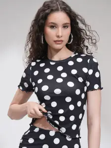 Tokyo Talkies Women Polka Dot Printed Ribbed Cropped Top With Short Sleeve