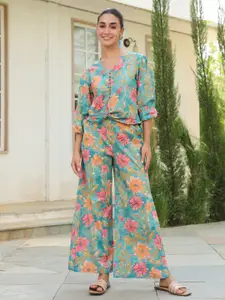 JISORA Printed Pure Cotton V-Neck Top With Trousers Co-Ords