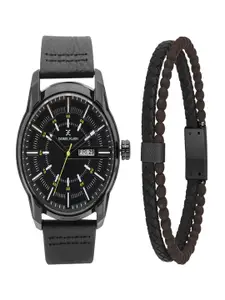 Daniel Klein Men Patterned Dial & Leather Analogue Gift Set Watch with Bracelet DKG004-6