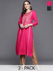 Varanga Selection Of 2 Ethnic Motifs Printed Round Neck Straight Kurtas