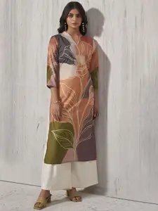 Anouk Brown Floral Printed Mandarin Neck Straight Kurta