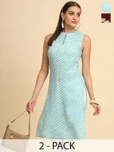 Anouk Rustic Selection Of 2 Leheriya Striped Mandarin Collar Straight Kurta