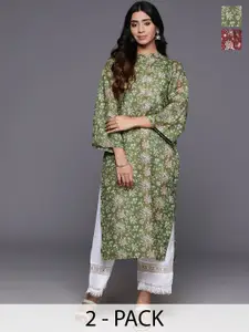 Varanga Selection Of 2 Floral Printed Flared Sleeves Mandarin Collar Straight Kurtas
