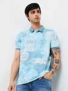 SPYKAR Men Abstract Printed Polo Collar Cotton Slim Fit T-shirt