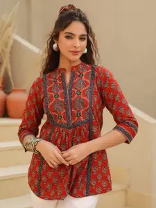 Rain & Rainbow Print Mandarin Collar Cotton Top