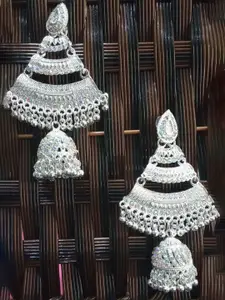 JMBW INTERNATIONAL Silver-Plated Artificial Beads Beaded Dome Shaped Jhumkas